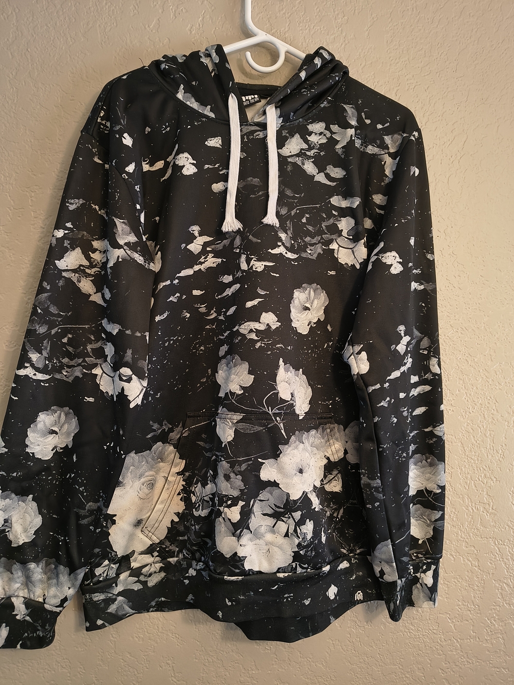 Into The AM Black Lightweight Floral Hoodie with White Drawstrings